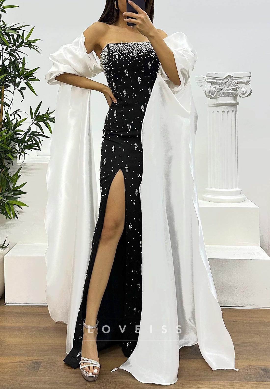 Straight Across Beaded Side Slit Sheath Evening Dress