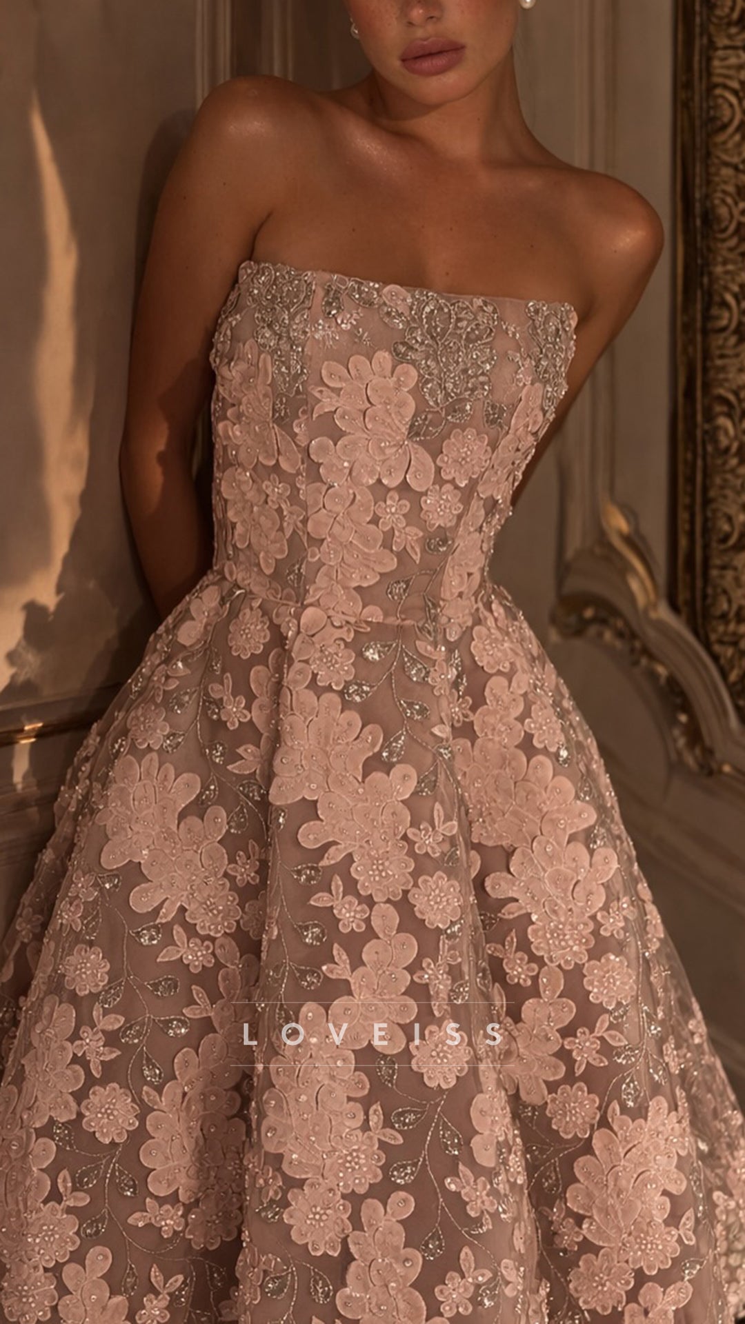 Straight Across Floral Appliques A-Line Prom Dress