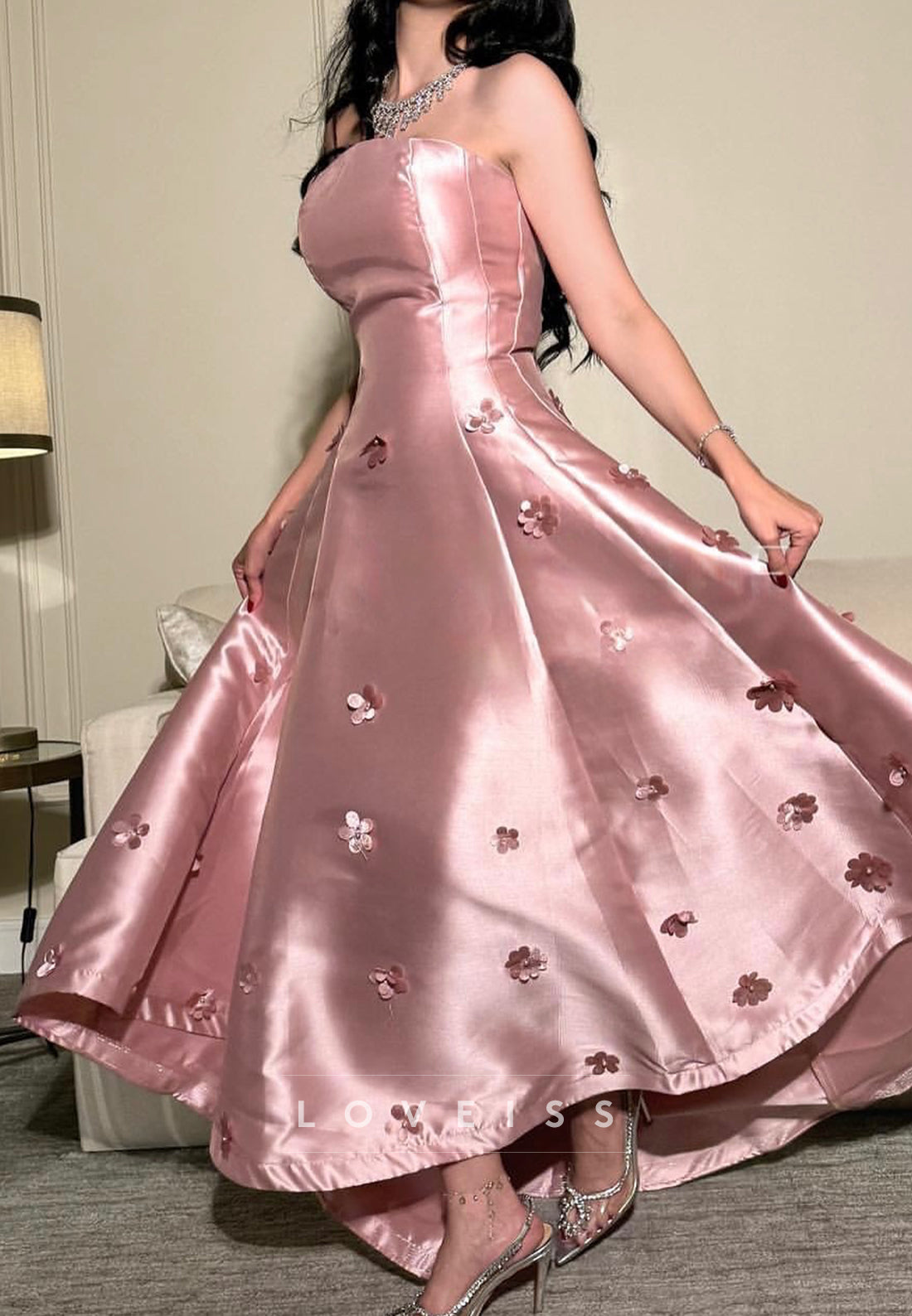 Straight Across Floral Embellished Satin A-Line Prom Dress