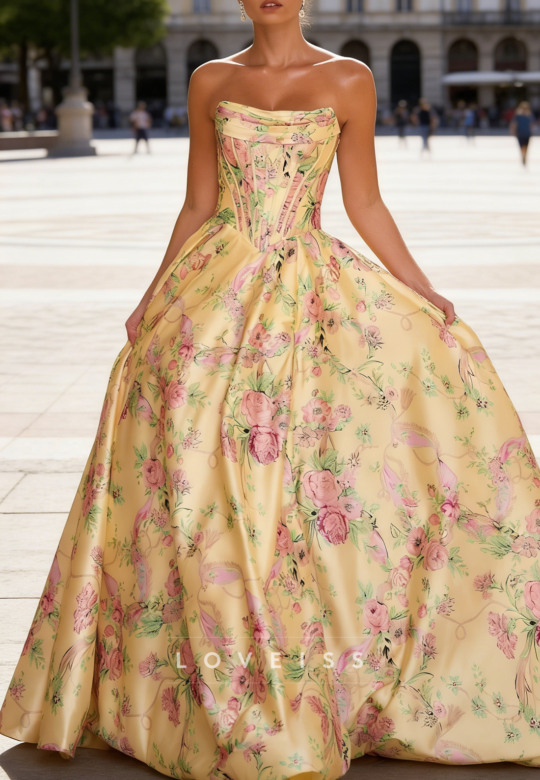 Straight Across Floral Printed A-Line Satin Prom Dress