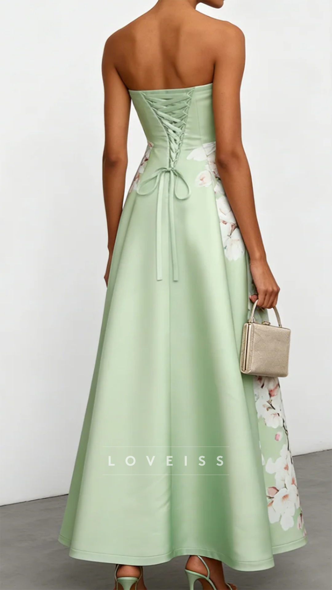 Straight Across Floral Printed A-Line Satin Weddiing Guest Dress
