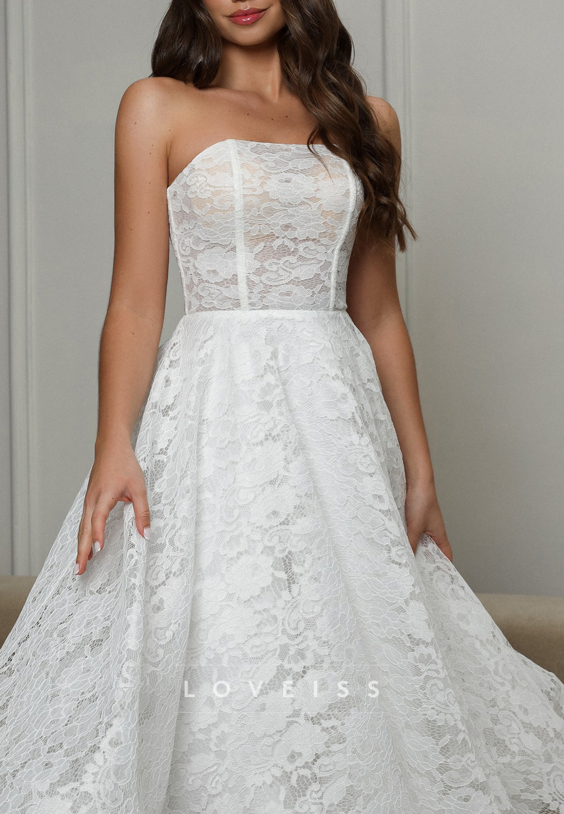 Straight Across Lace Appliques A-Line Midi Wedding Dress
