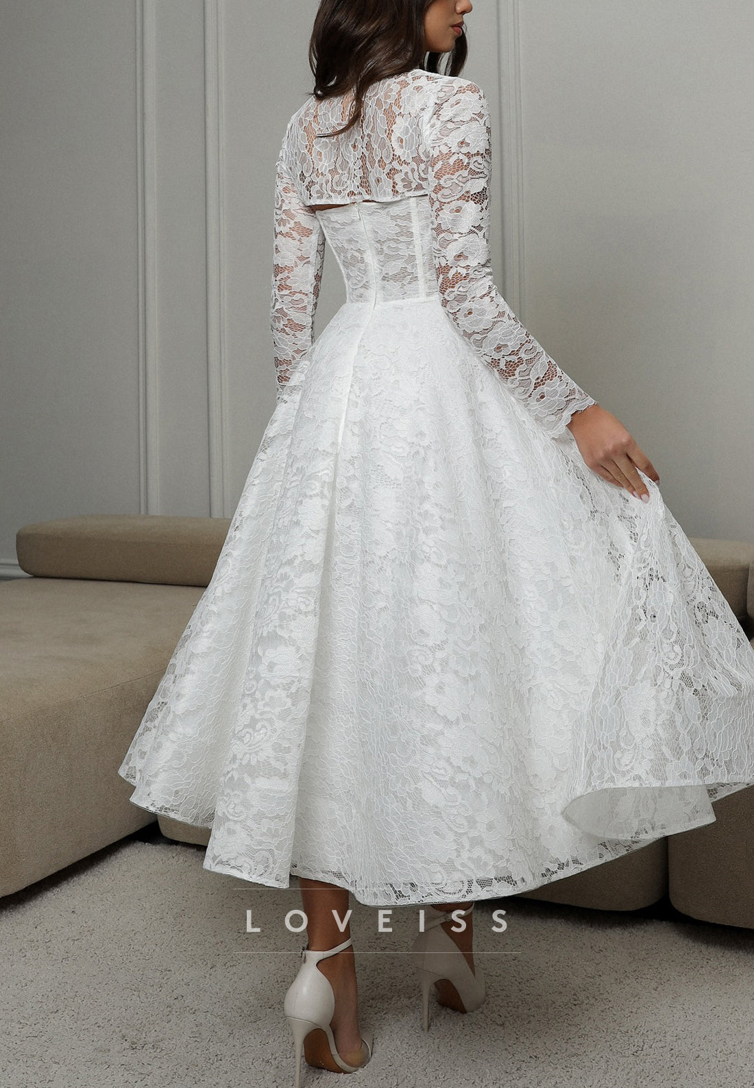 Straight Across Lace Appliques A-Line Midi Wedding Dress