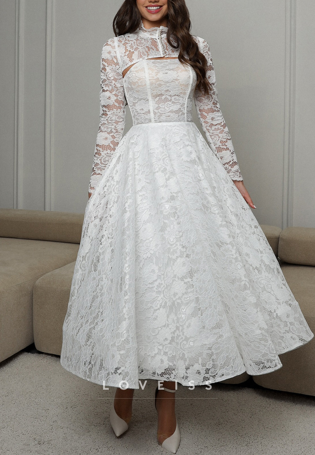 Straight Across Lace Appliques A-Line Midi Wedding Dress