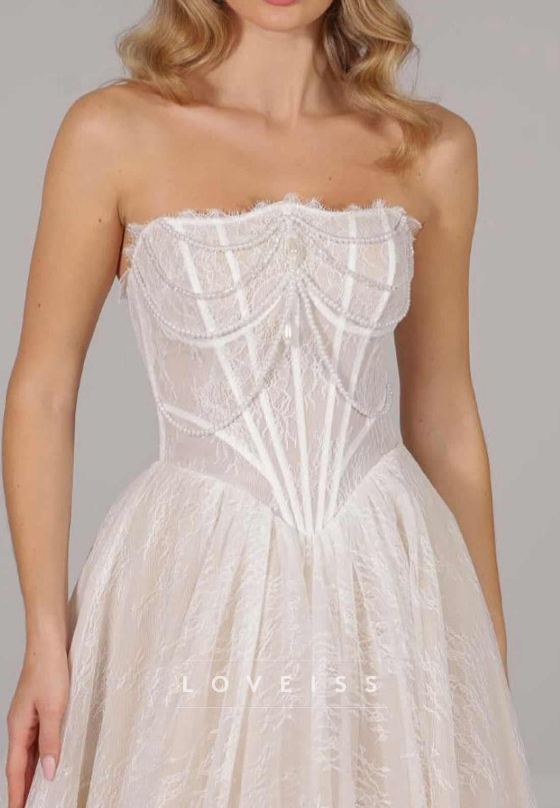 Straight Across Lace Appliques Pearl A-Line Wedding Dress