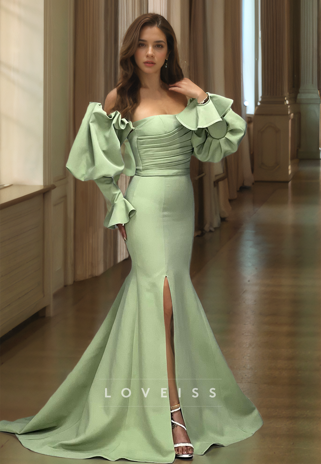 Straight Across Long Sleeves Fitted Mermaid Prom Dress