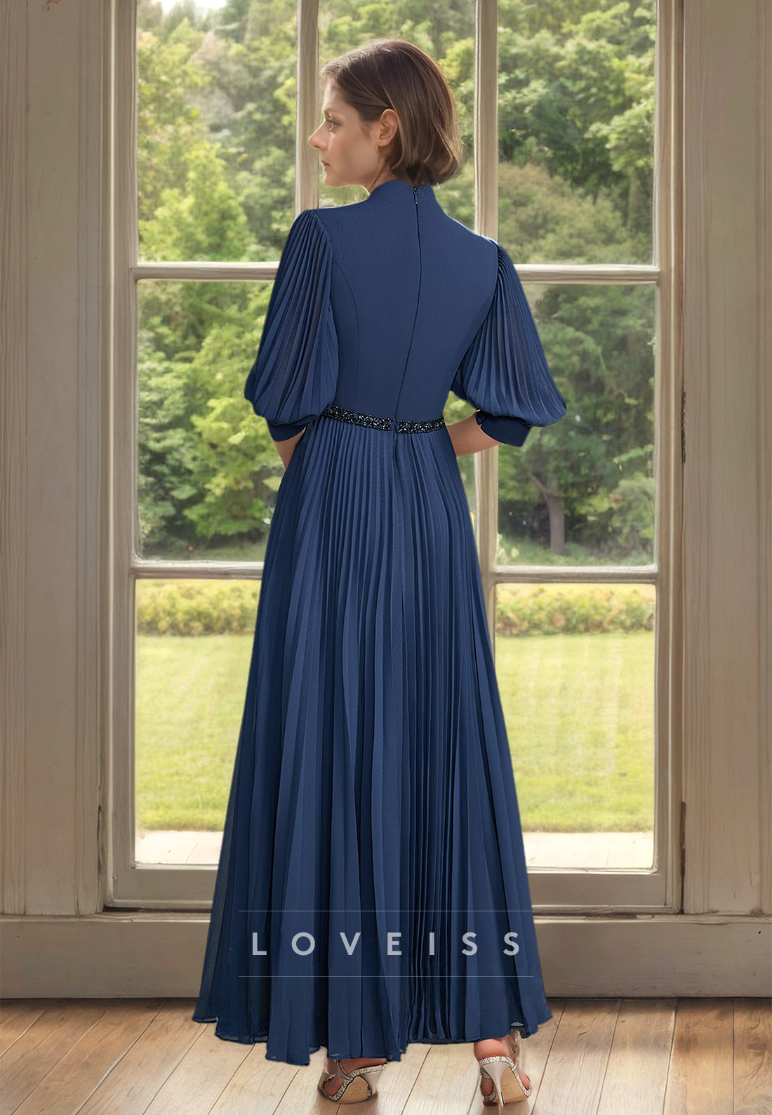 Straight Across Long Sleeves Pleated A-Line Mother of Bride Dress