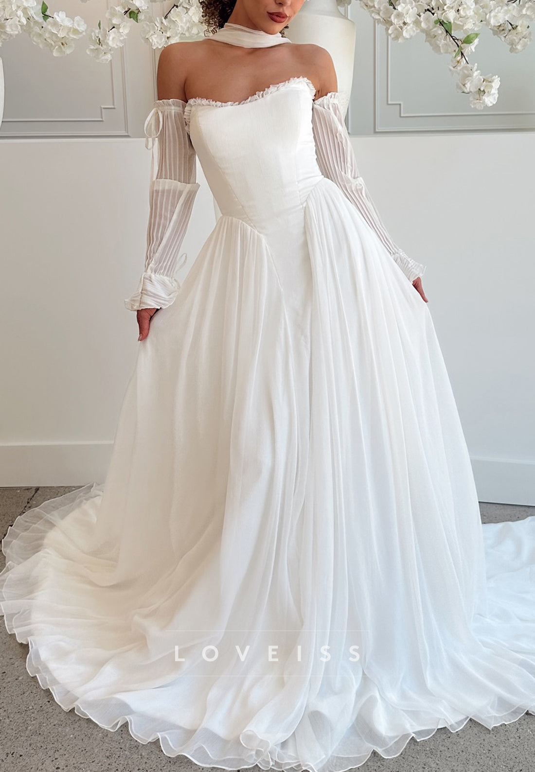 Straight Across Long Sleeves Pleated A-Line Wedding Dress