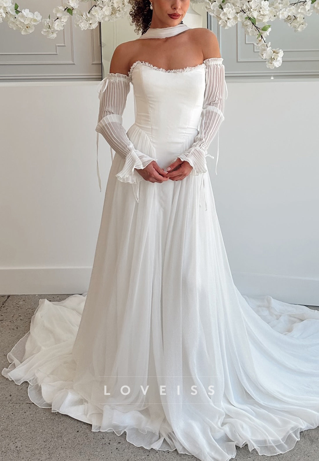 Straight Across Long Sleeves Pleated A-Line Wedding Dress