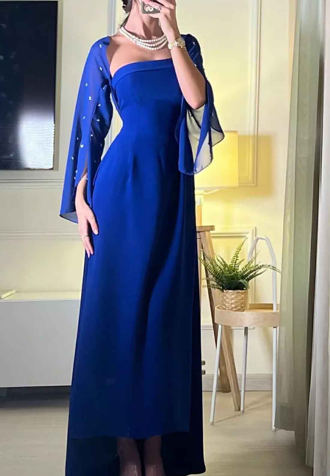 Straight Across Long Sleeves Sleek A-Line Evening Dress