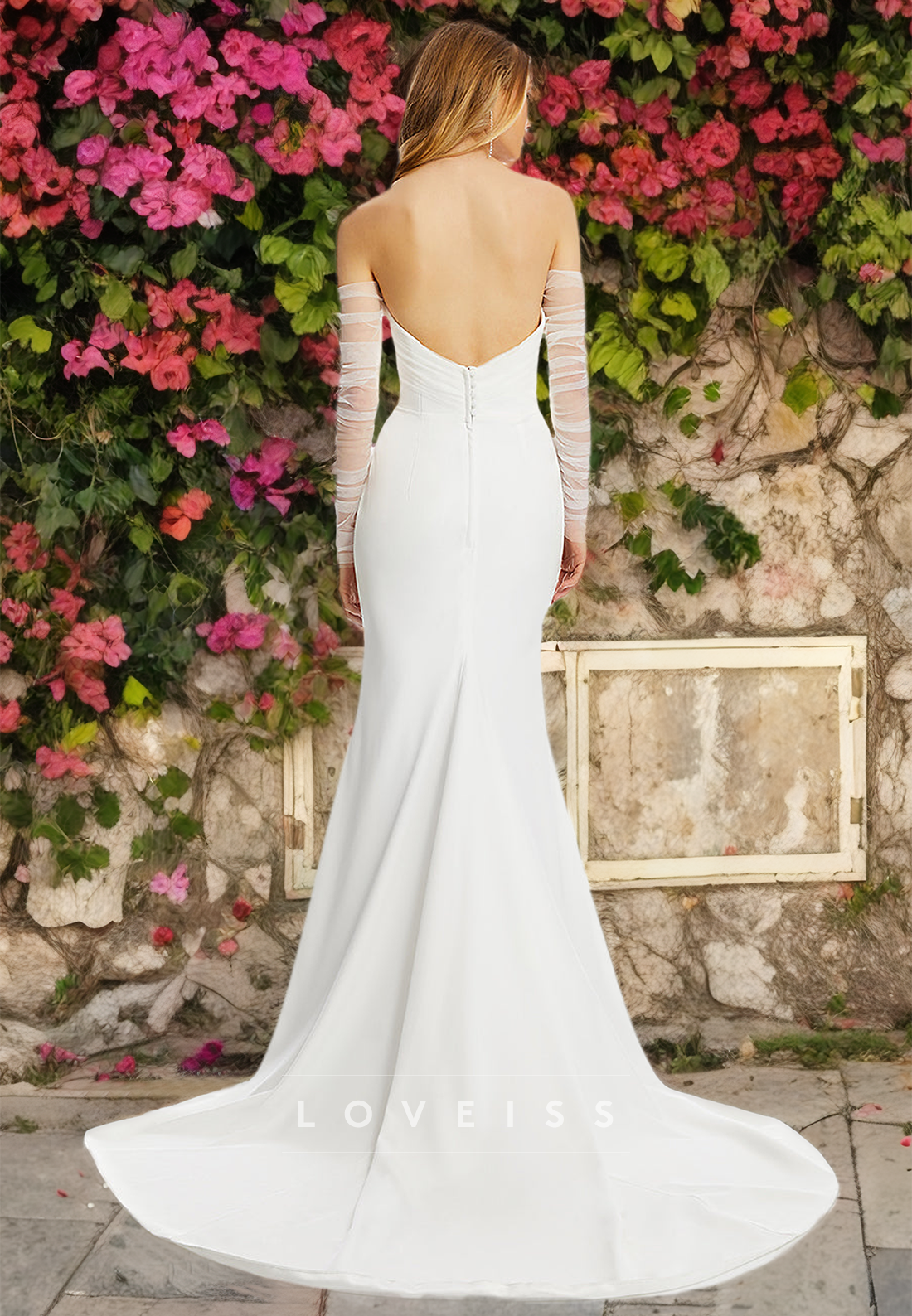 Straight Across Long Sleeves Sleek Mermaid Wedding Dress