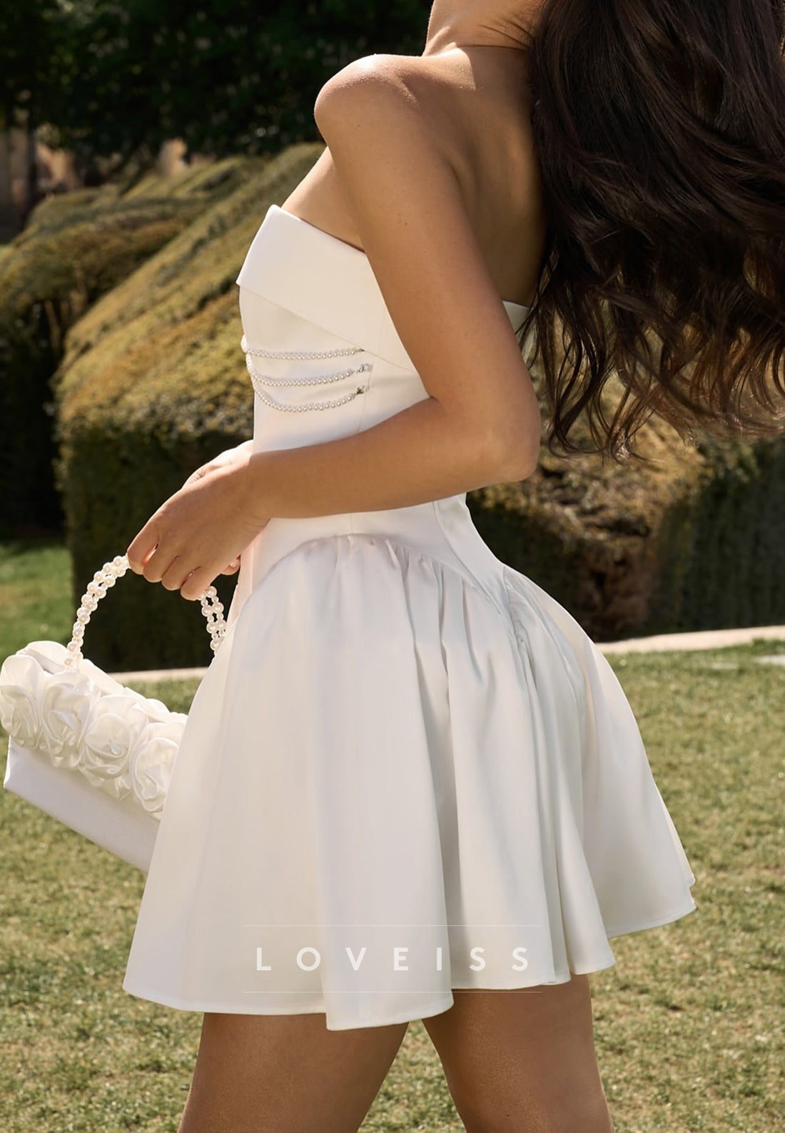 Straight Across Pearl A-Line Short Wedding Dress