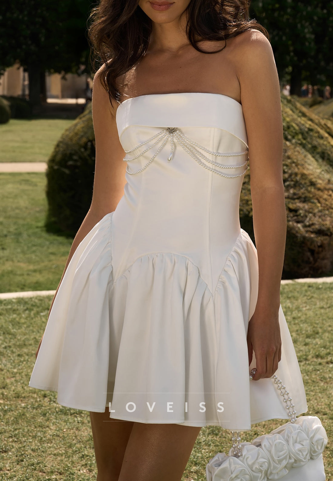 Straight Across Pearl A-Line Short Wedding Dress