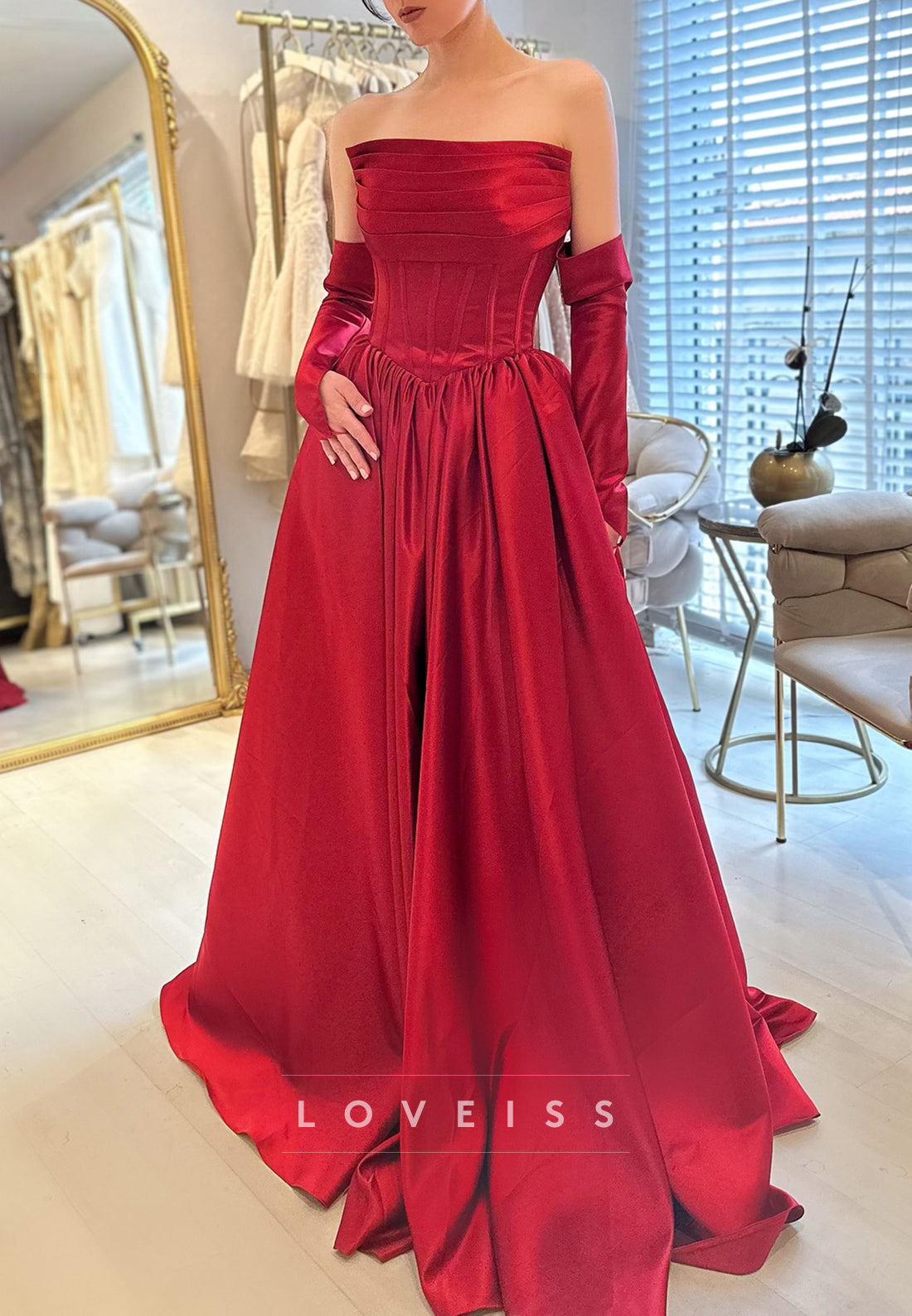 Straight Across Pleated Satin A-Line Red Evening Dress