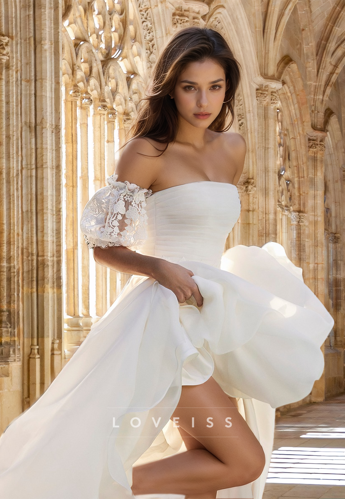 Straight Across Puff Sleeves Appliques Pleated A-Line Wedding Dress