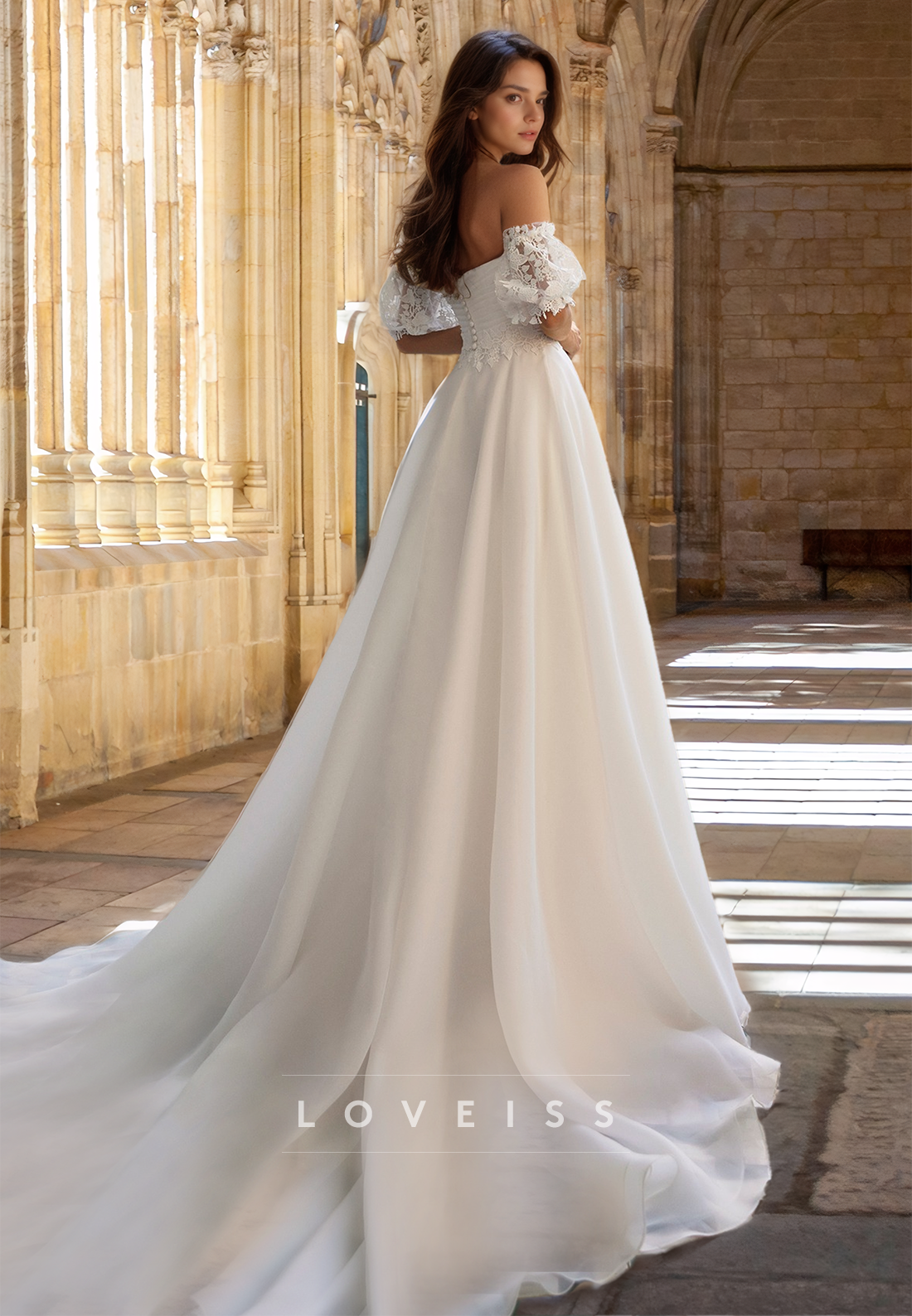 Straight Across Puff Sleeves Appliques Pleated A-Line Wedding Dress