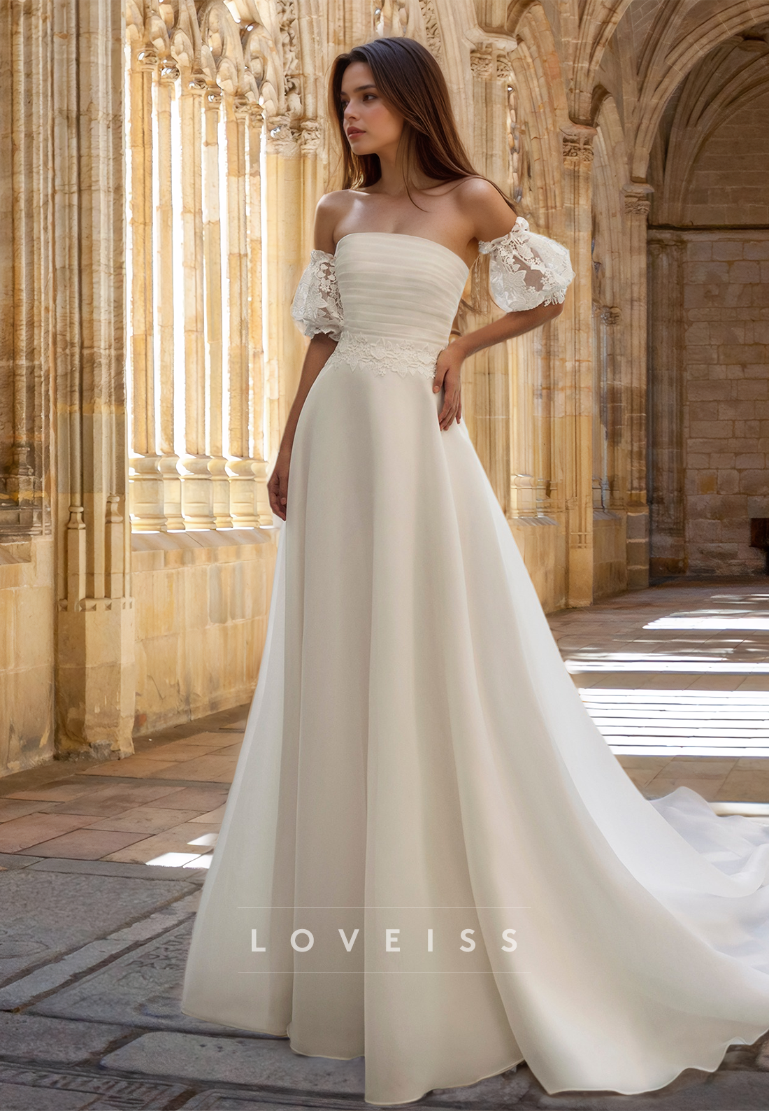 Straight Across Puff Sleeves Appliques Pleated A-Line Wedding Dress Loveiss Straight Across Puff Sleeves Appliques Pleated A-Line Wedding Dress Loveiss