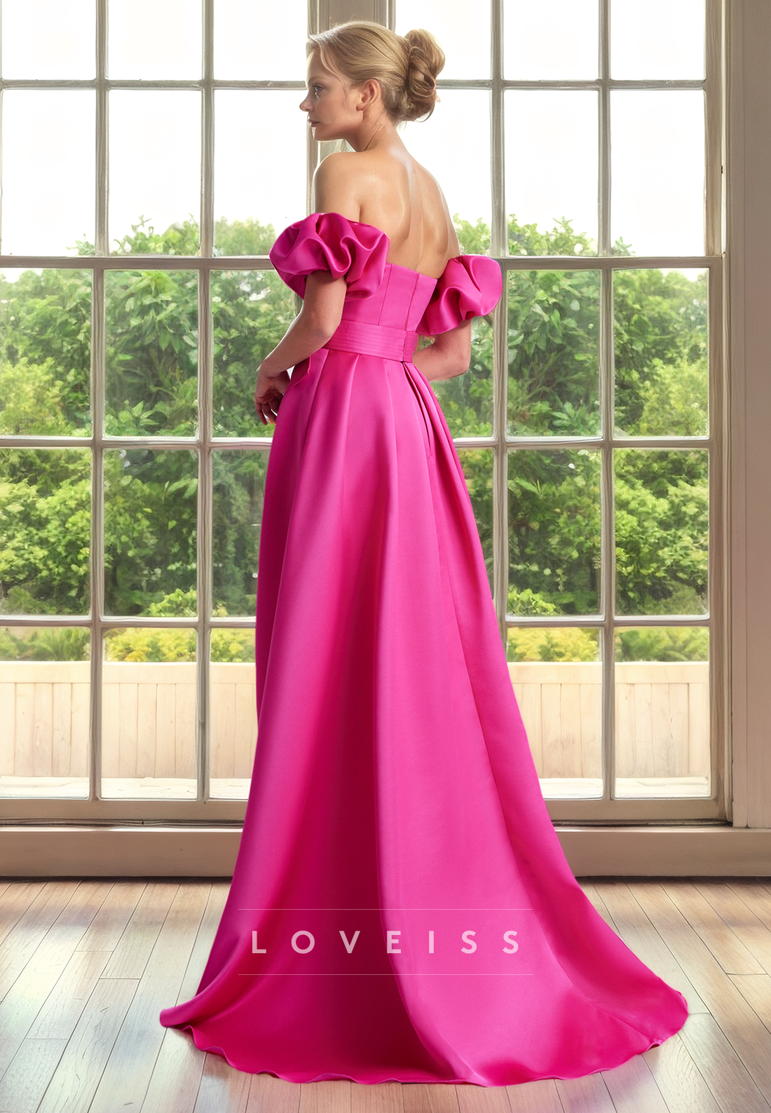 Straight Across Puff Sleeves Sleek Satin A-Line Mother of Bride Dress Cocktail Dress