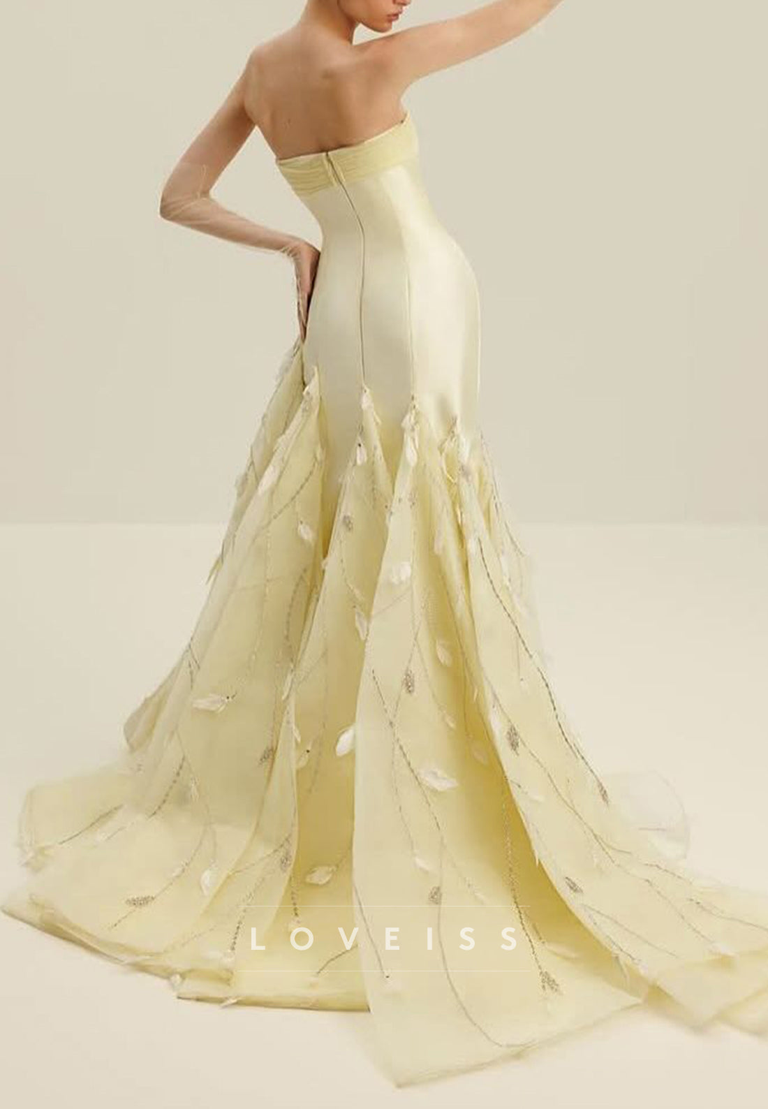 Straight Across Satin Feather Embellished Mermaid Evening Dress