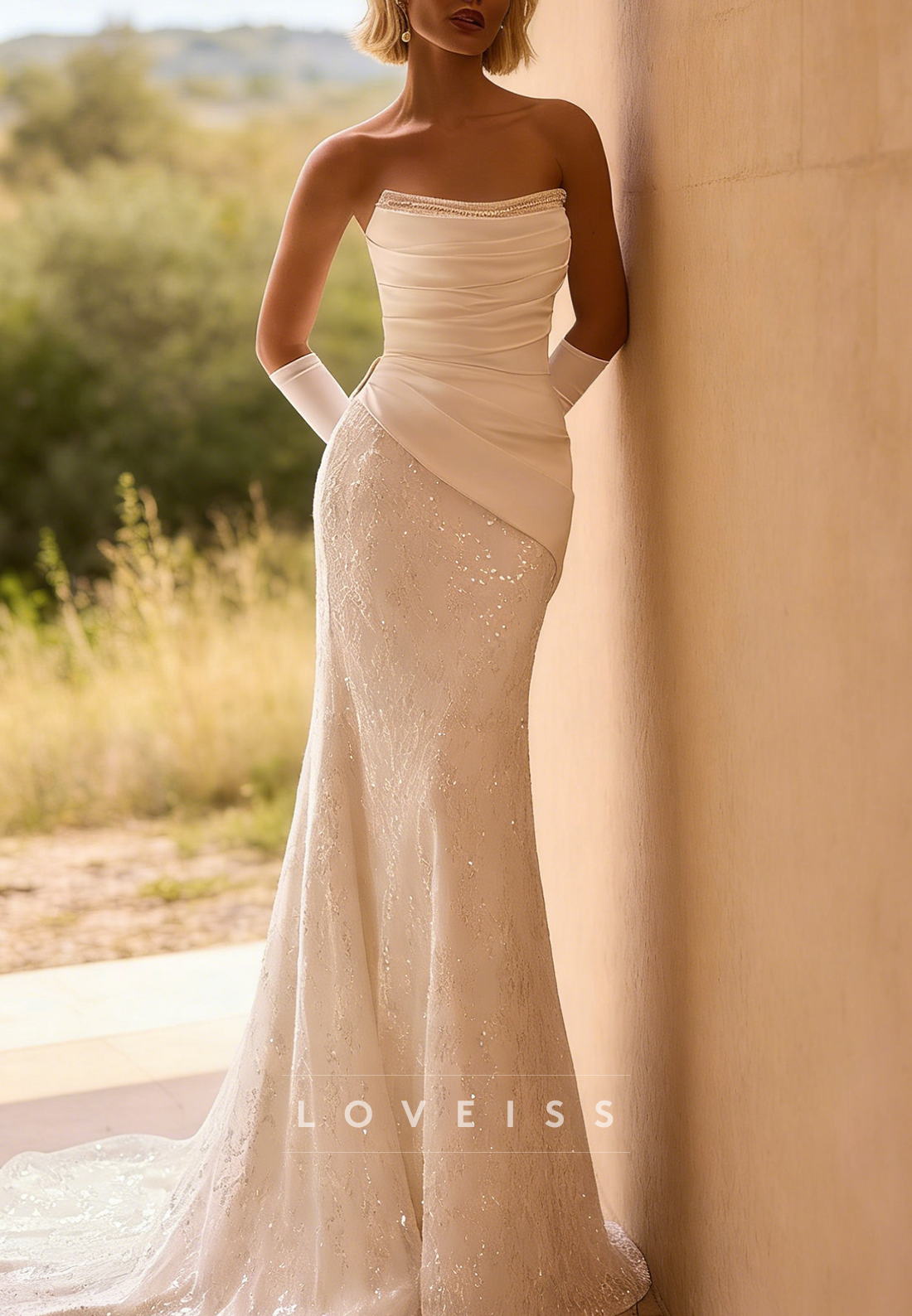 Straight Across Sequins Appliques Mermaid Wedding Dress