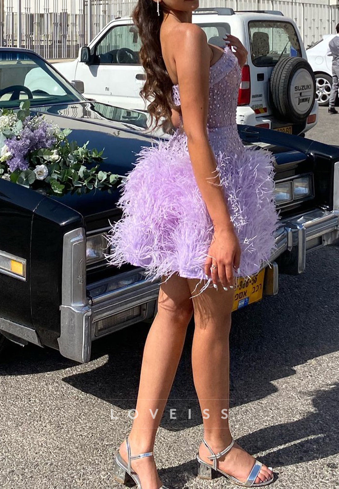 Straight Across Sequins Feathered A-Line Party Homecoming Dress
