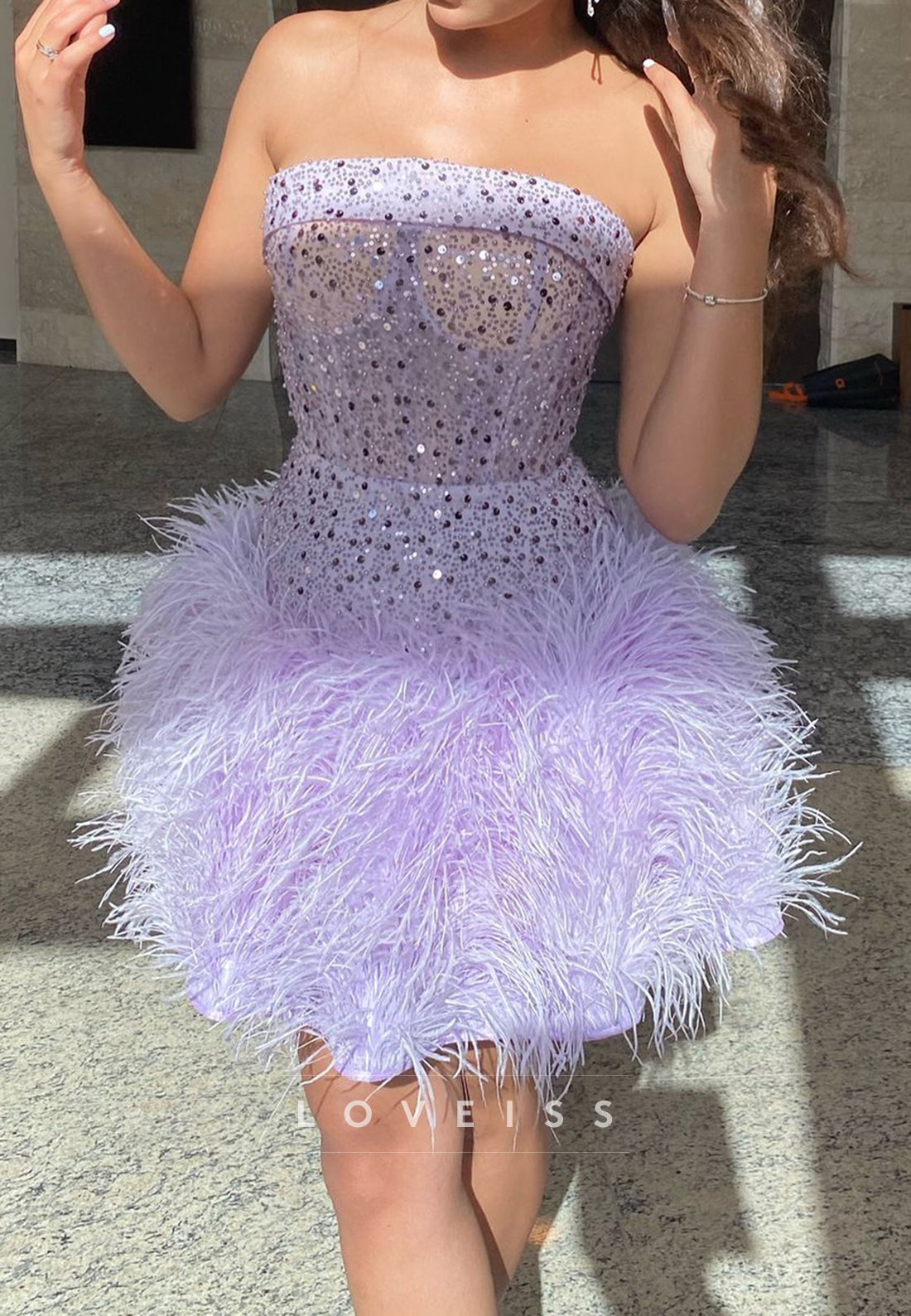 Straight Across Sequins Feathered A-Line Party Homecoming Dress