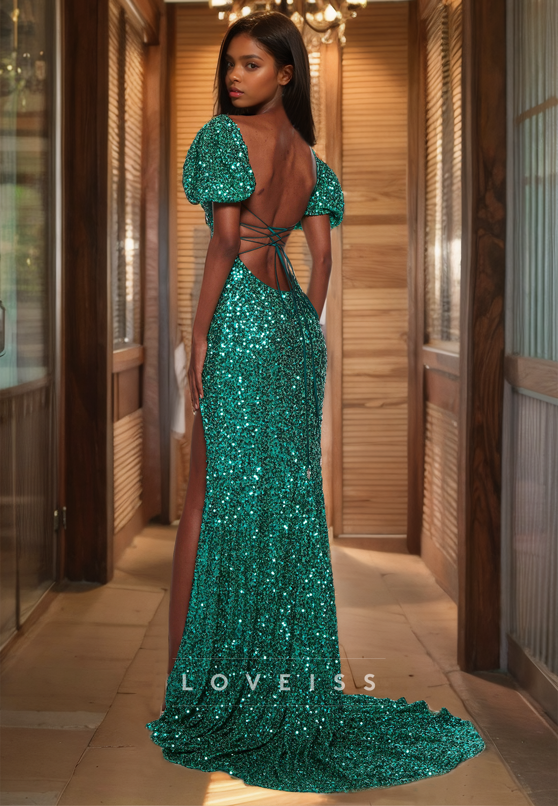 Straight Across Short Sleeves Sequins Sparkly Sheath Prom Dress