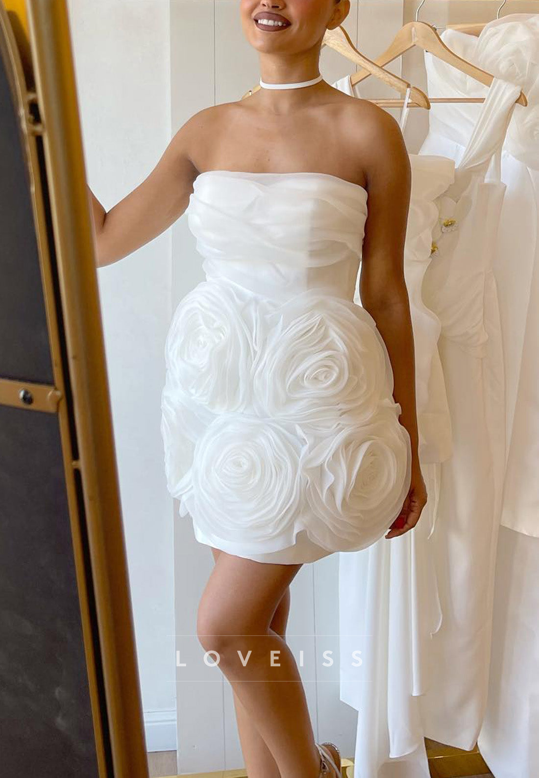 Straight Across Sleeveless 3D Floral A-Line Short Wedding Dress