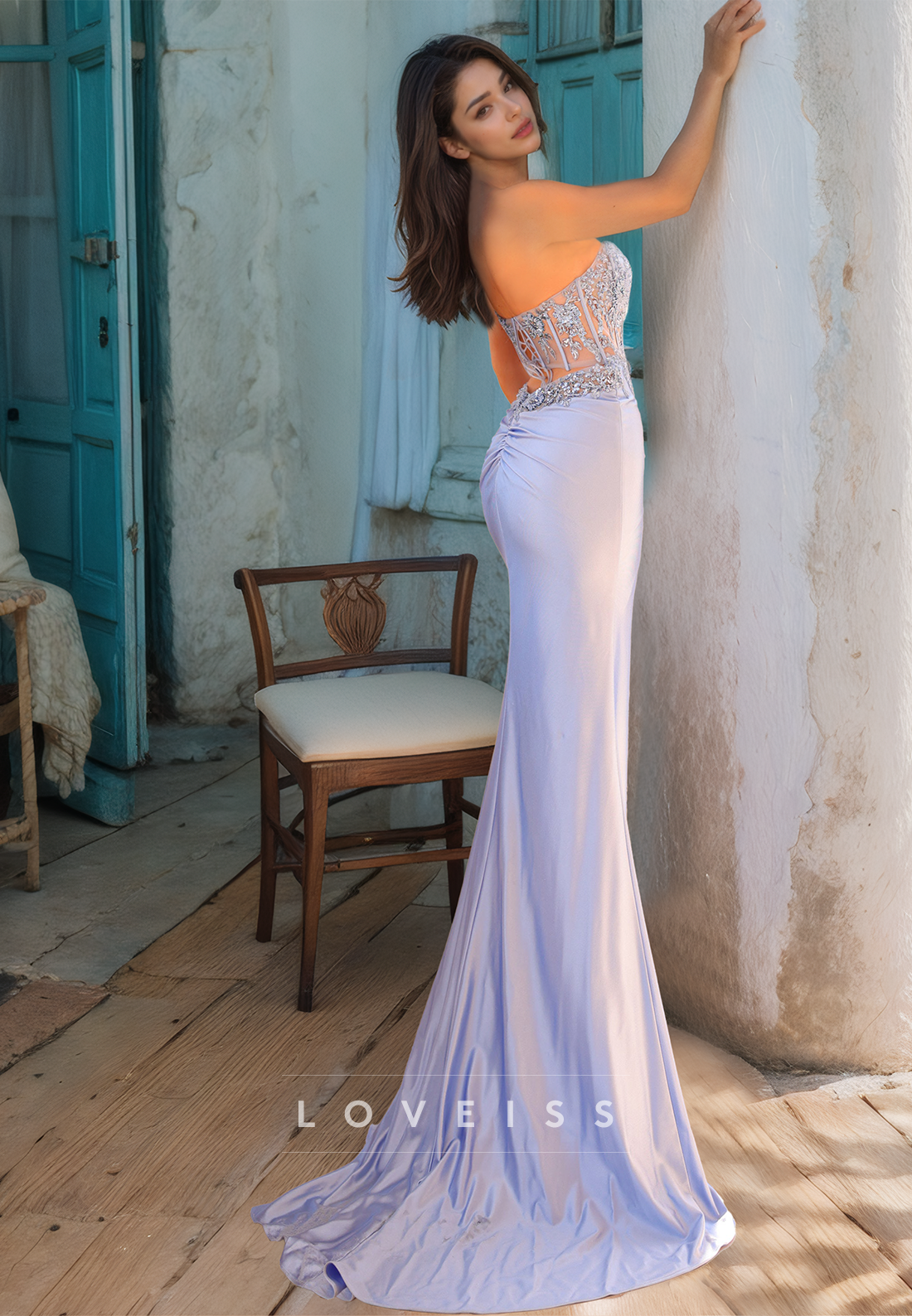 Straight Across Sleeveless Appliques Side Slit Sheath Prom Dress