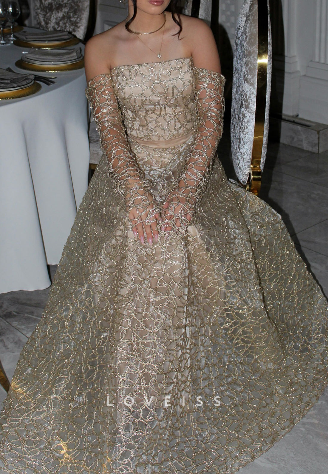 Straight Across Sleeveless Beaded Embroidery A-Line Evening Dress