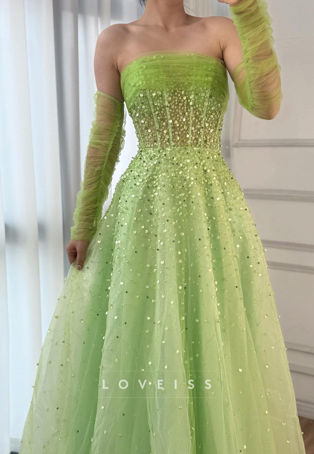 Straight Across Sleeveless Beaded Sparkly A-Line Prom Dress