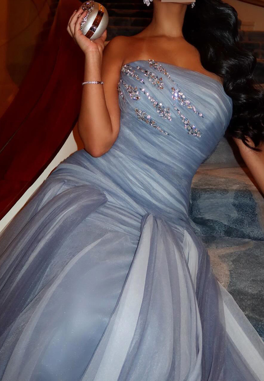 Straight Across Sleeveless Beaded Tulle Mermaid Formal Dress
