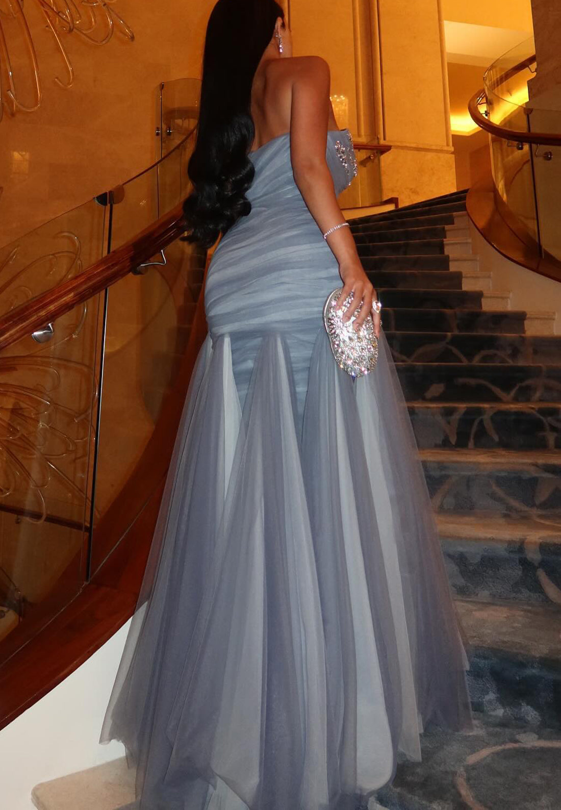 Straight Across Sleeveless Beaded Tulle Mermaid Formal Dress