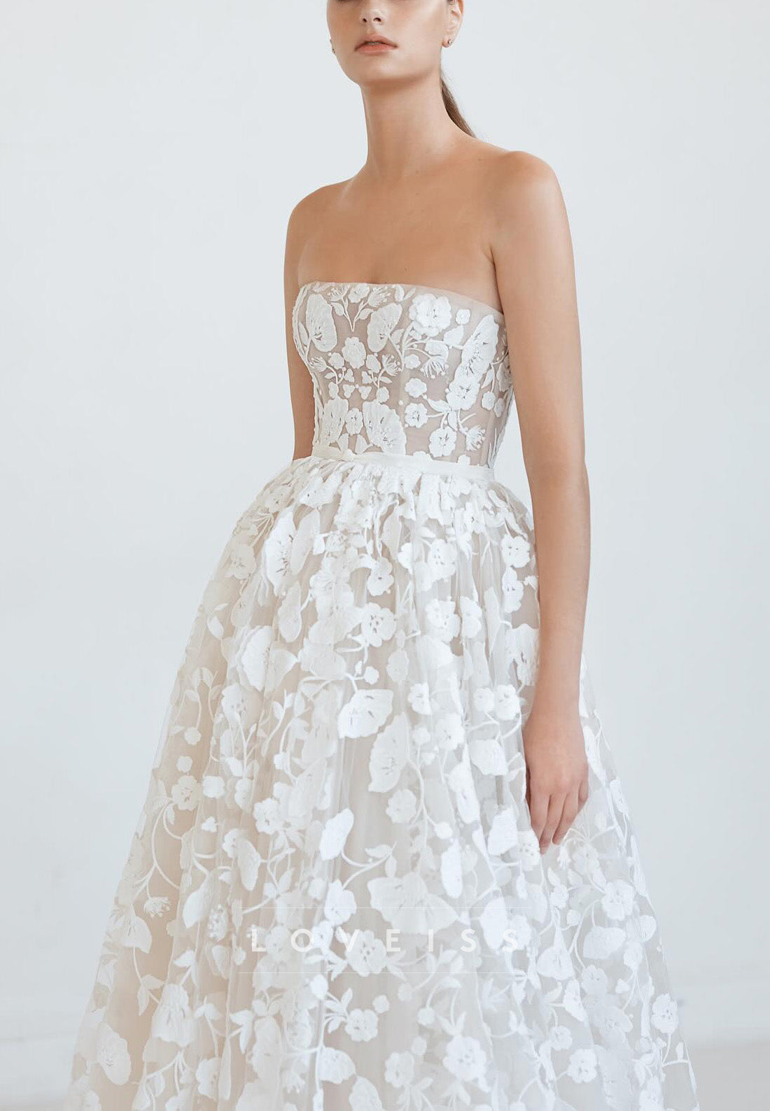 Straight Across Sleeveless Floral A-Line Midi Wedding Dress