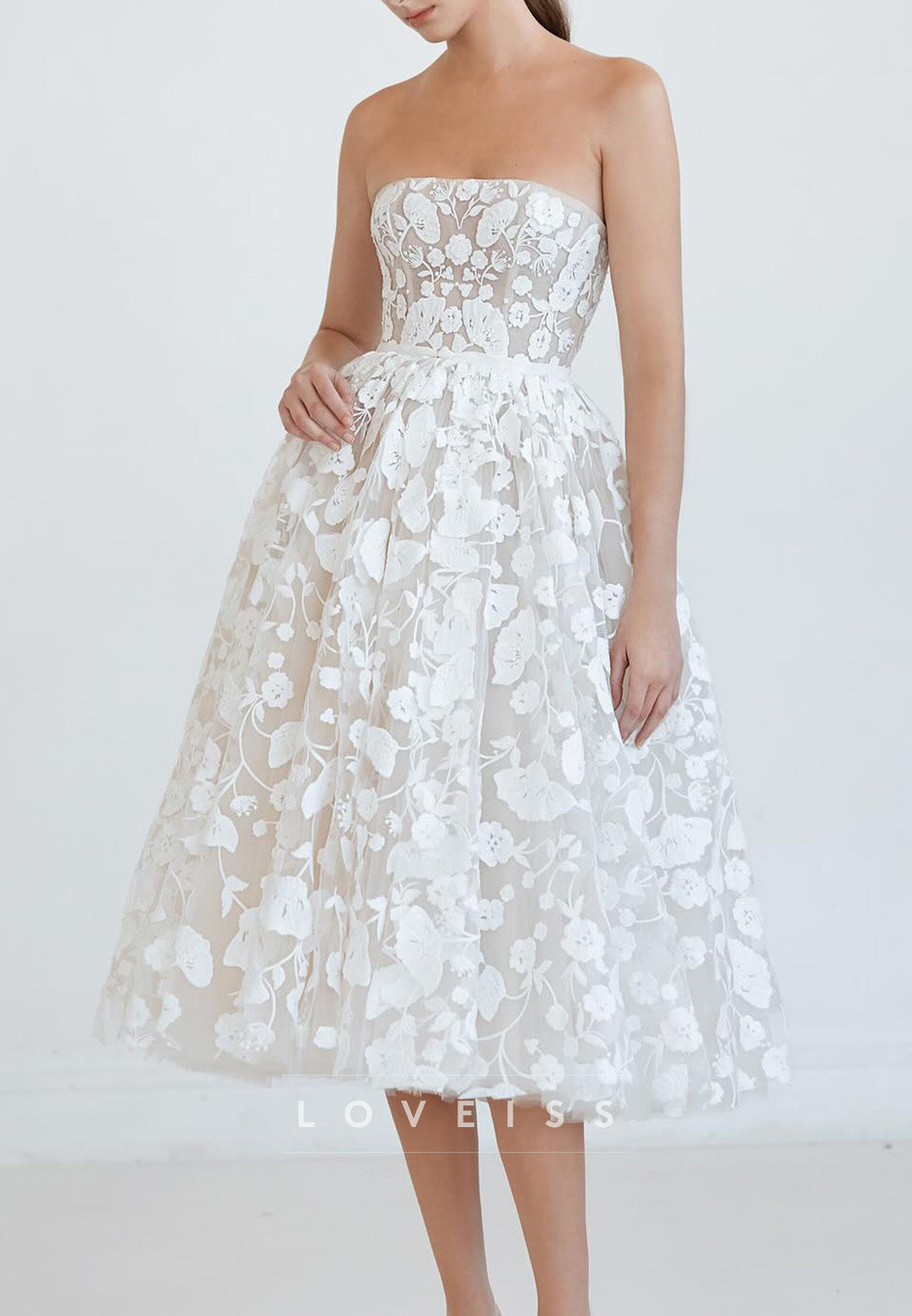 Straight Across Sleeveless Floral A-Line Midi Wedding Dress