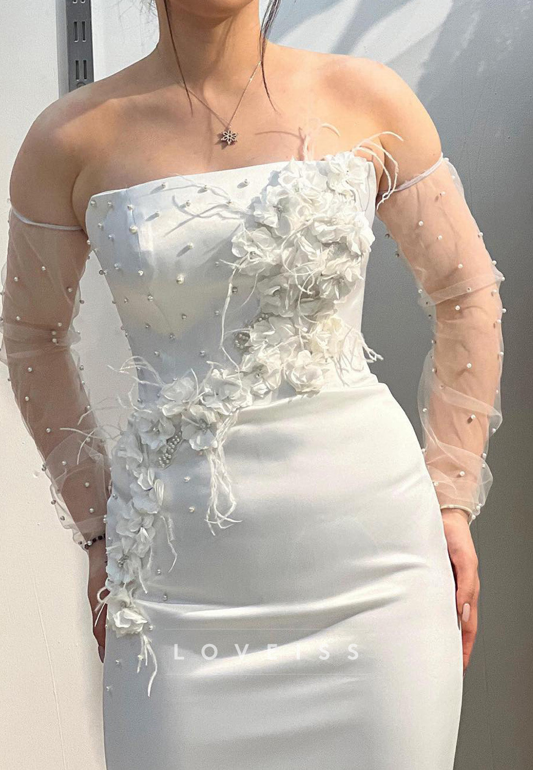 Straight Across Sleeveless Floral Beaded Sheath Wedding Dress