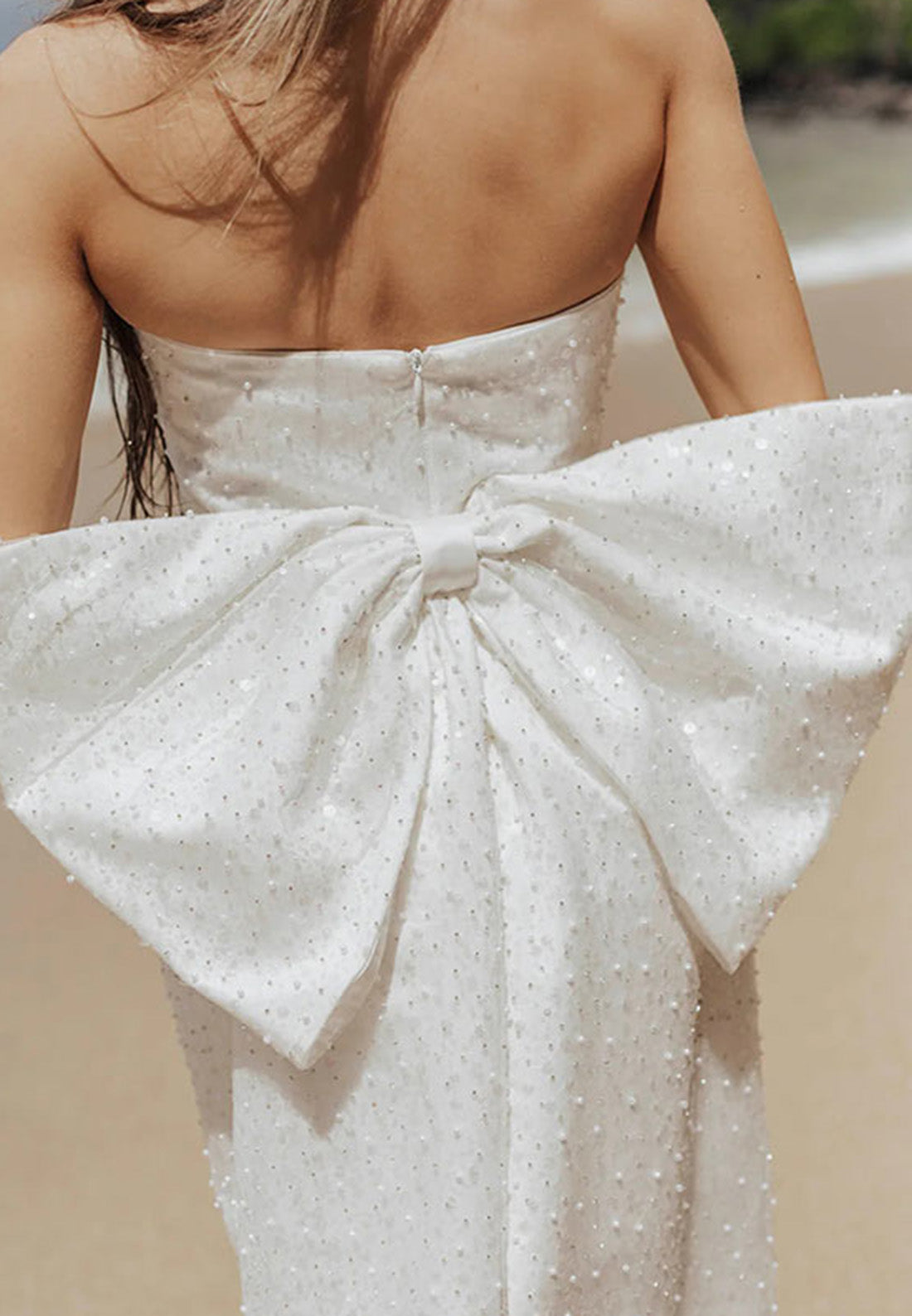 Straight Across Sleeveless Pearl Short Bowknot Sheath Beach Wedding Dress