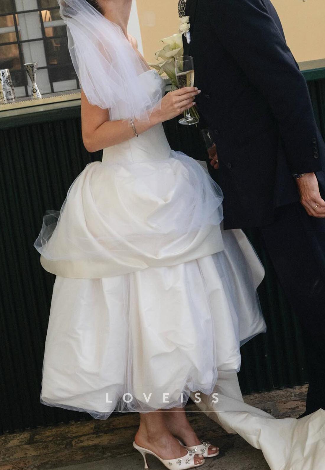 Straight Across Sleeveless Pleated A-Line Midi Ball Gowm Wedding Dress