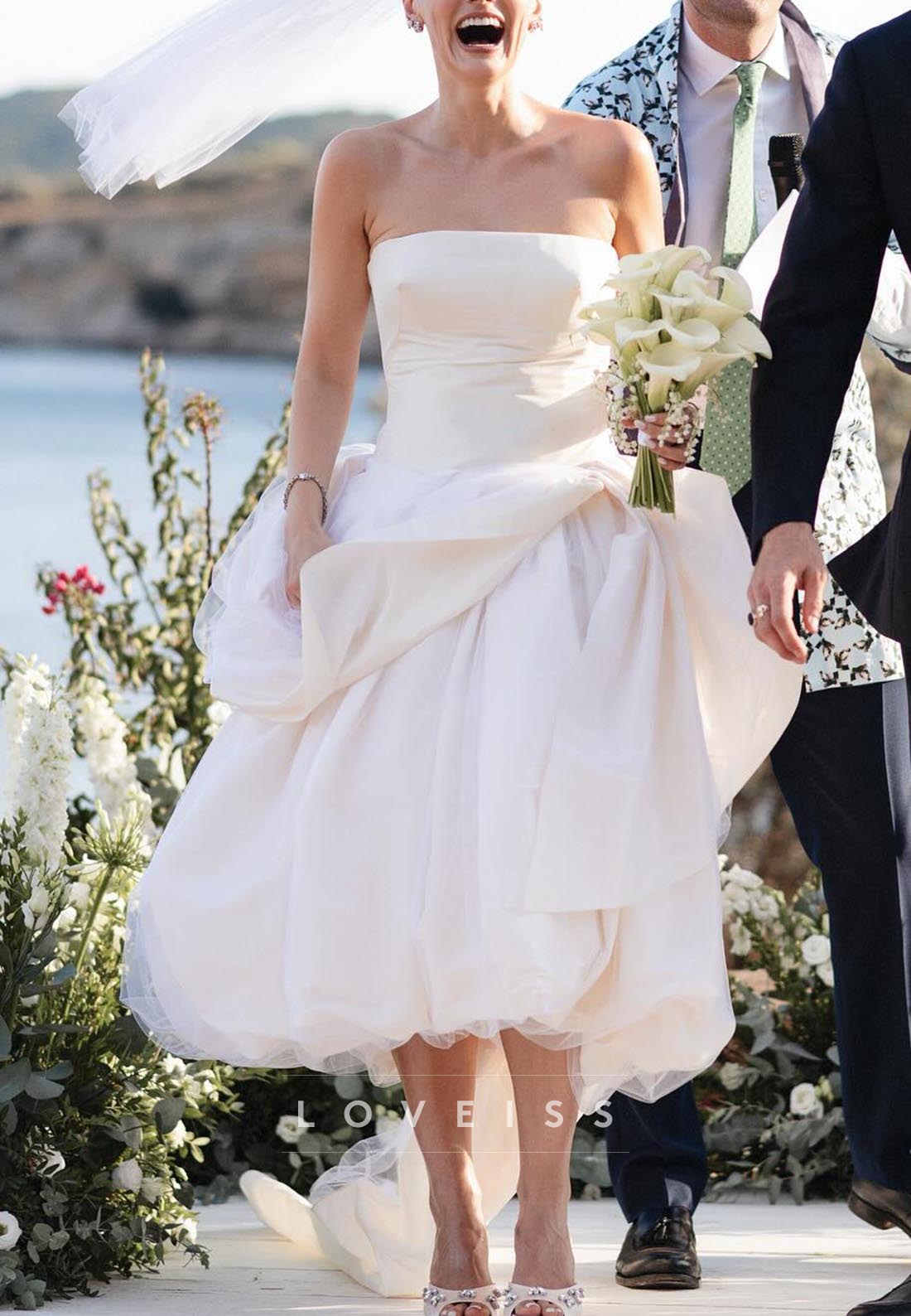 Straight Across Sleeveless Pleated A-Line Midi Ball Gowm Wedding Dress
