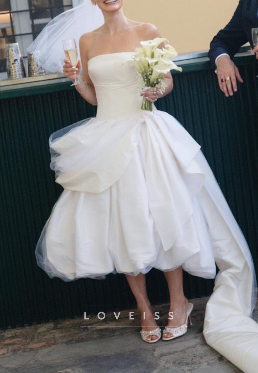 Straight Across Sleeveless Pleated A-Line Midi Ball Gowm Wedding Dress