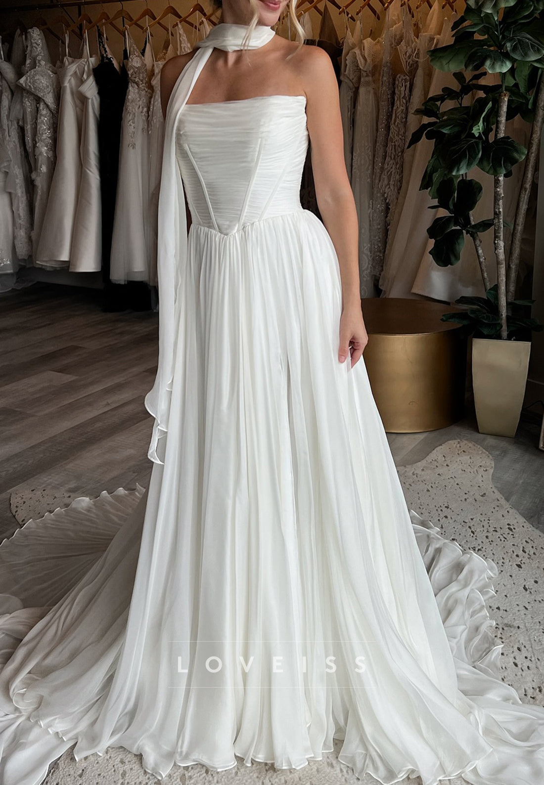 Straight Across Sleeveless Pleated A-Line Wedding Dress