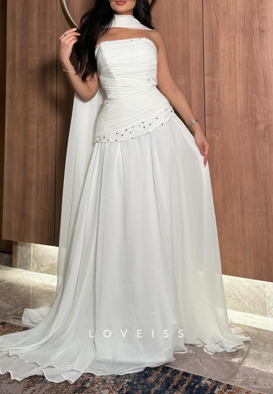 Straight Across Sleeveless Pleated Beading A-Line Evening Dress