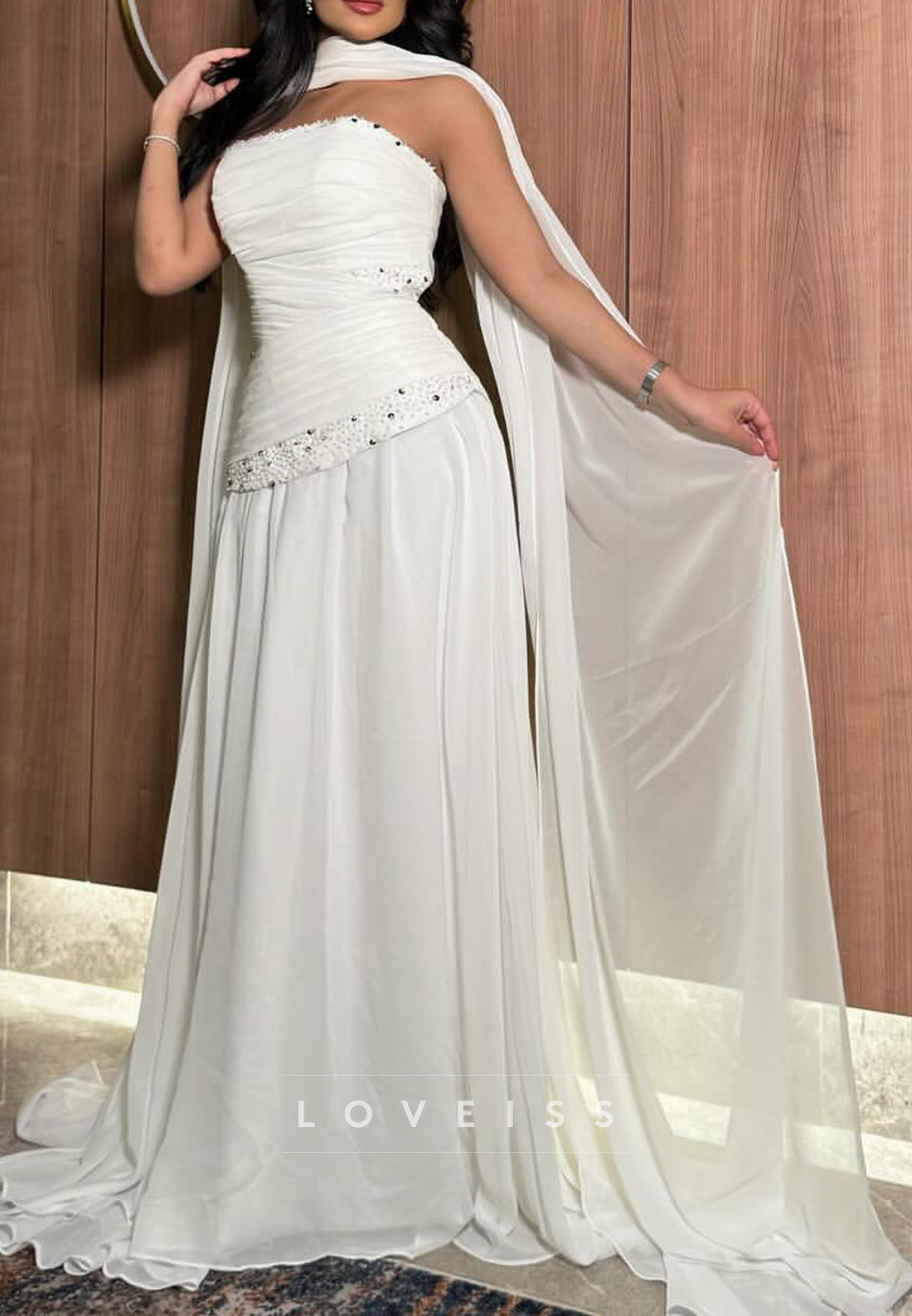 Straight Across Sleeveless Pleated Beading A-Line Evening Dress