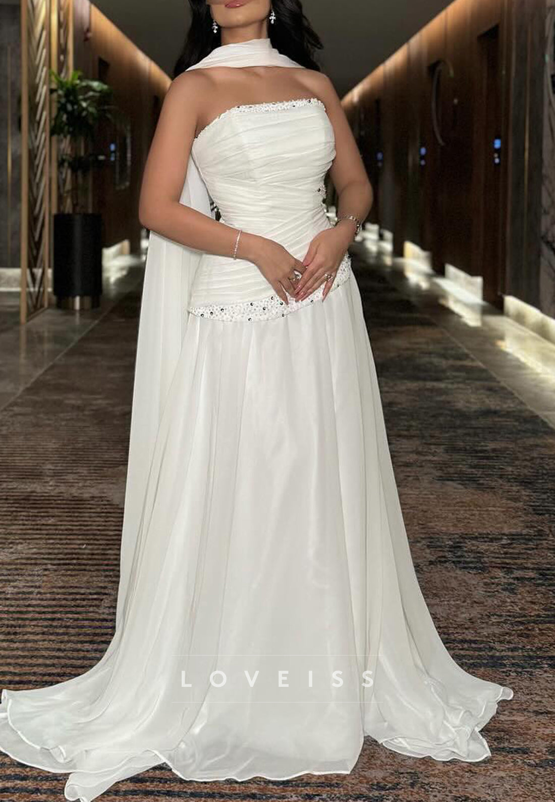 Straight Across Sleeveless Pleated Beading A-Line Evening Dress