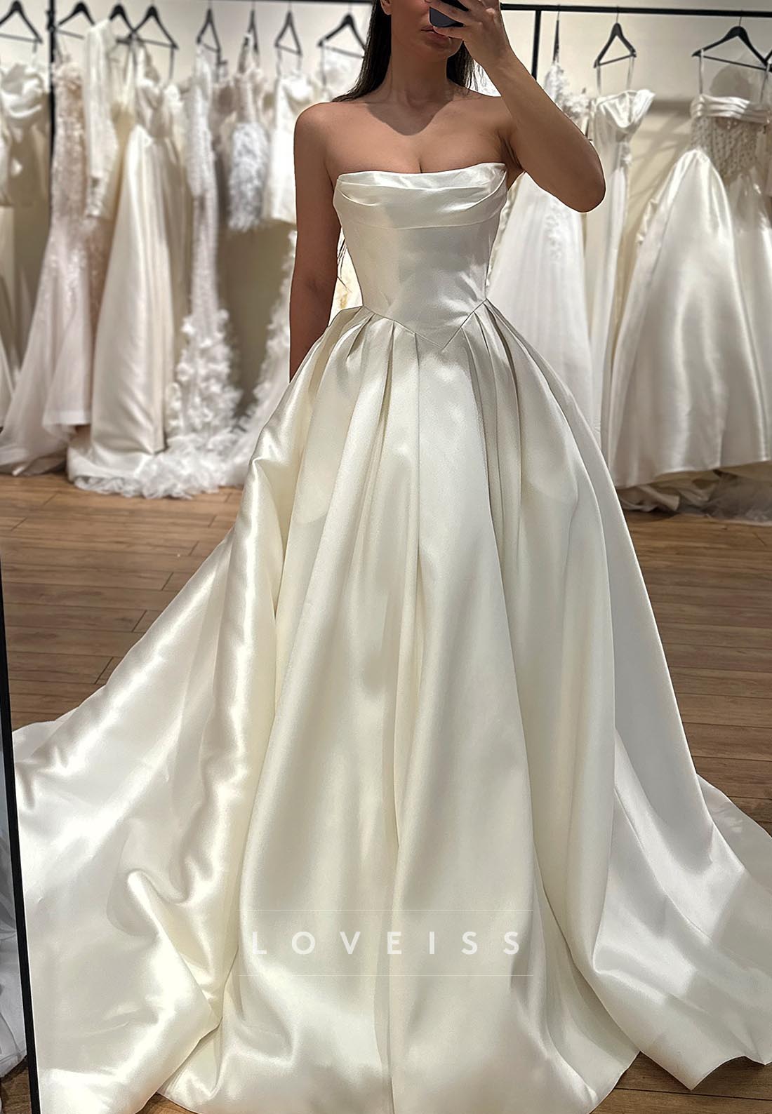 Straight Across Sleeveless Pleated Satin A-Line Wedding Dress