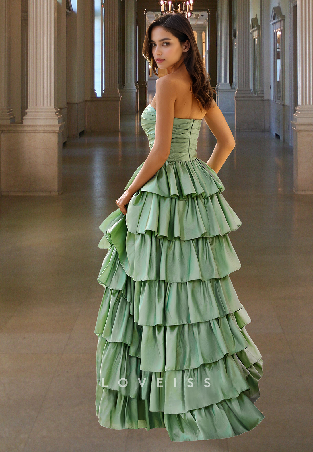Straight Across Sleeveless Pleated Tiered A-Line Prom Dress
