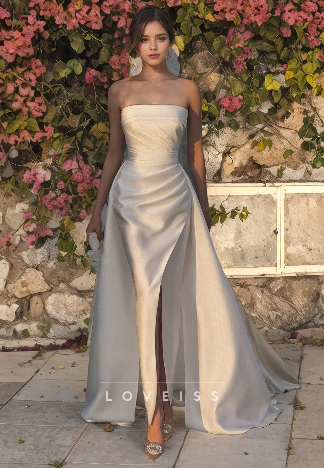 Straight Across Sleeveless Ruched High Slit Beach Wedding Dress