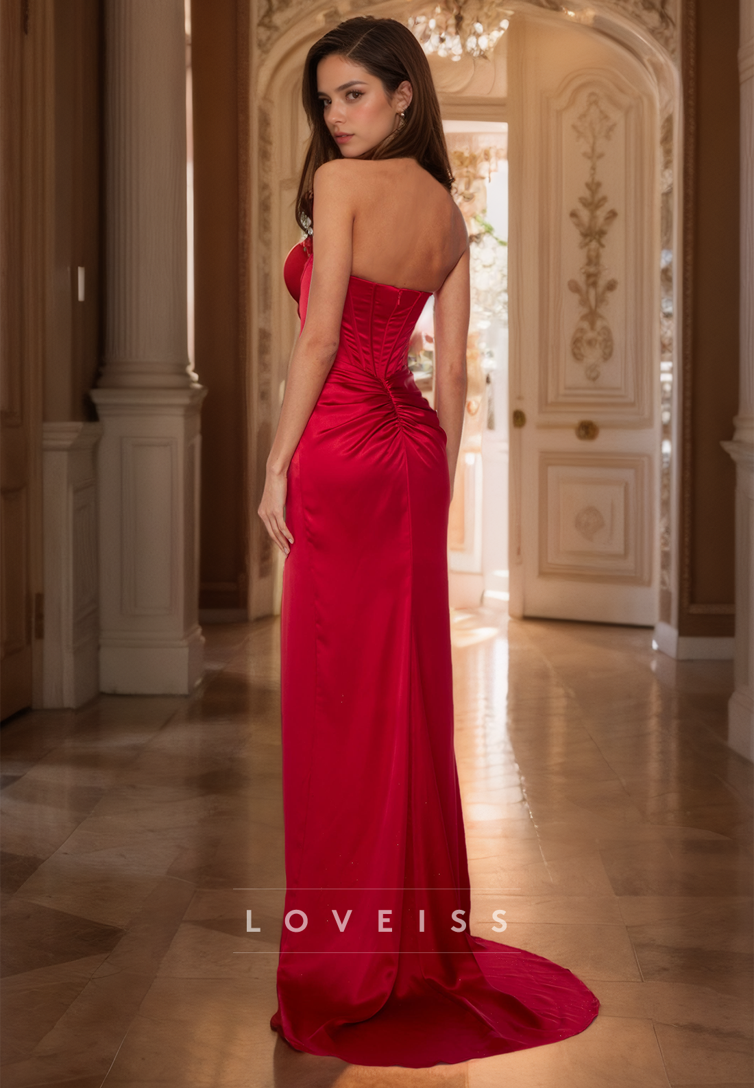 Straight Across Sleeveless Ruched High Slit Sheath Red Prom Dress