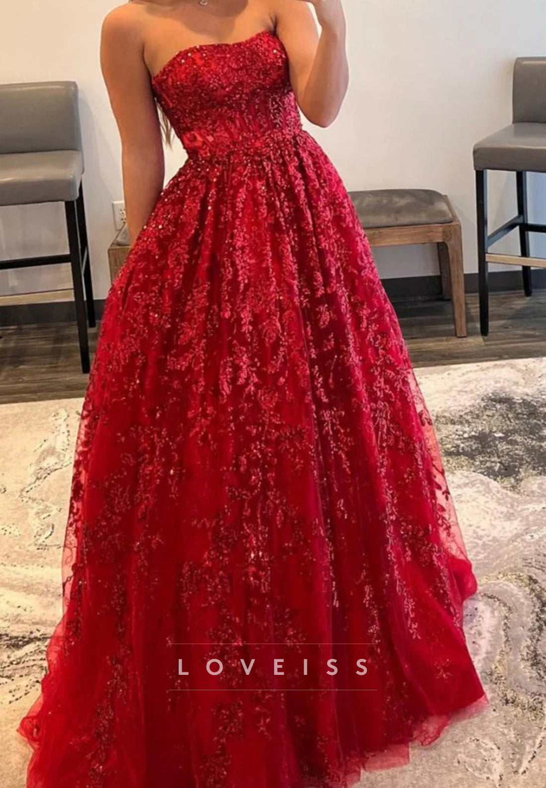 Straight Across Sleeveless Sequins Appliques A-Line Prom Dress