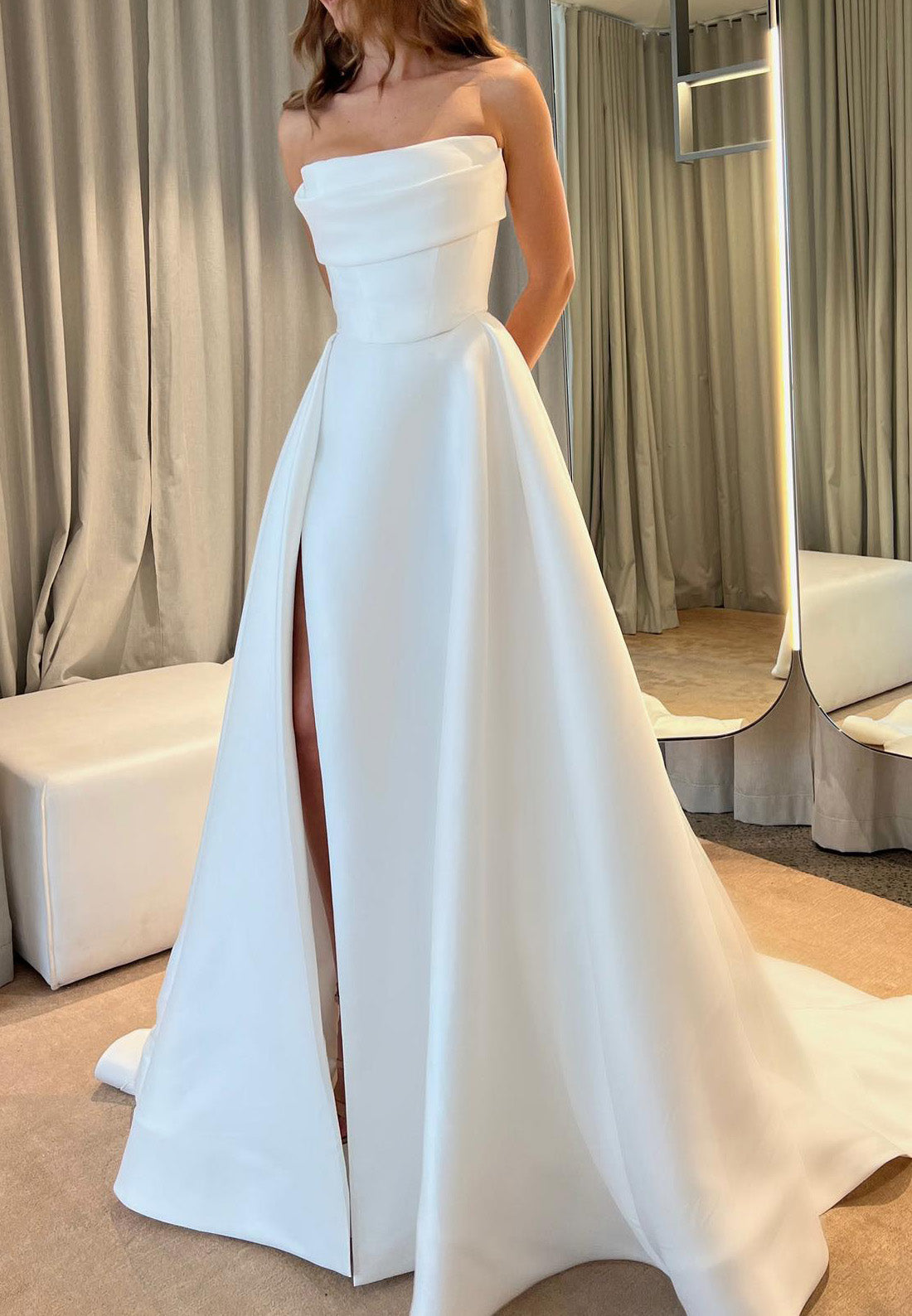Straight Across Sleeveless Side Slit A-Line Wedding Dress